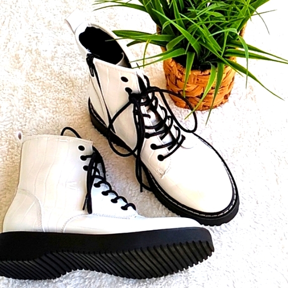 Madden Girl Shoes - Madden Girl white faux patent leather combat booties